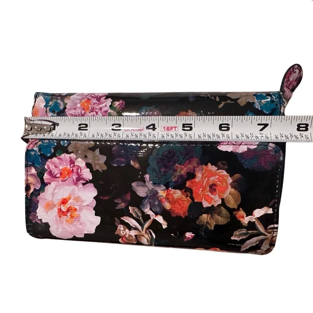 Patent Leather Floral Wallet Clutch in Black with Pink & Orange Flowers GUC
